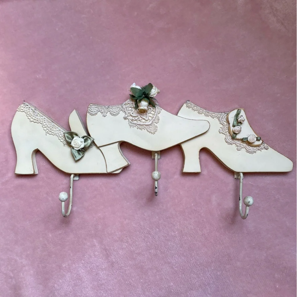 Vintage High Heels Wall Hooks Cream Color with Lace and Silk Roses Distressed